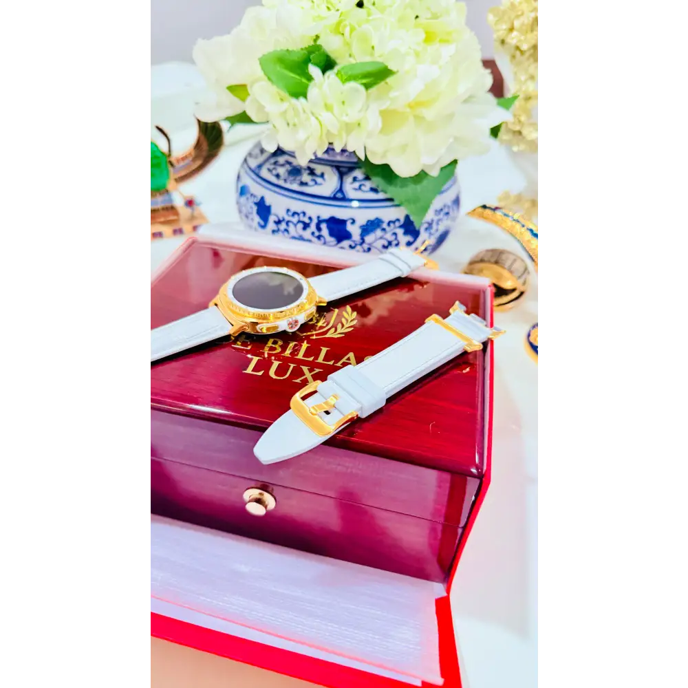 Custom 24K Gold Samsung Galaxy Watch 8 White Classic 46mm LTE (Unlocked) · Dual Gold-Accented Bands