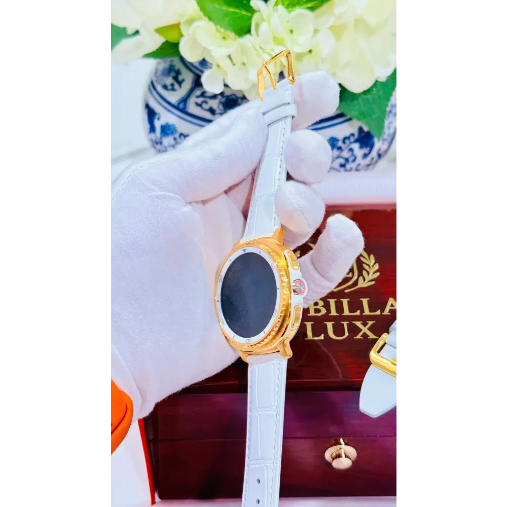 Custom 24K Gold Samsung Galaxy Watch 8 White Classic 46mm LTE (Unlocked) · Dual Gold-Accented Bands