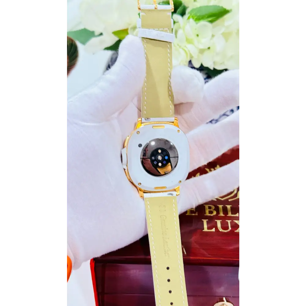Custom 24K Gold Samsung Galaxy Watch 8 White Classic 46mm LTE (Unlocked) · Dual Gold-Accented Bands