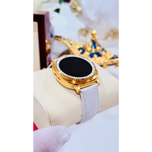 Custom 24K Gold Samsung Galaxy Watch 8 White Classic 46mm LTE (Unlocked) · Dual Gold-Accented Bands