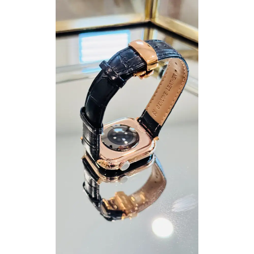 Custom 24k ROSE Gold Plated 46mm Apple Watch Series 10 with Black Leather Alligator Band