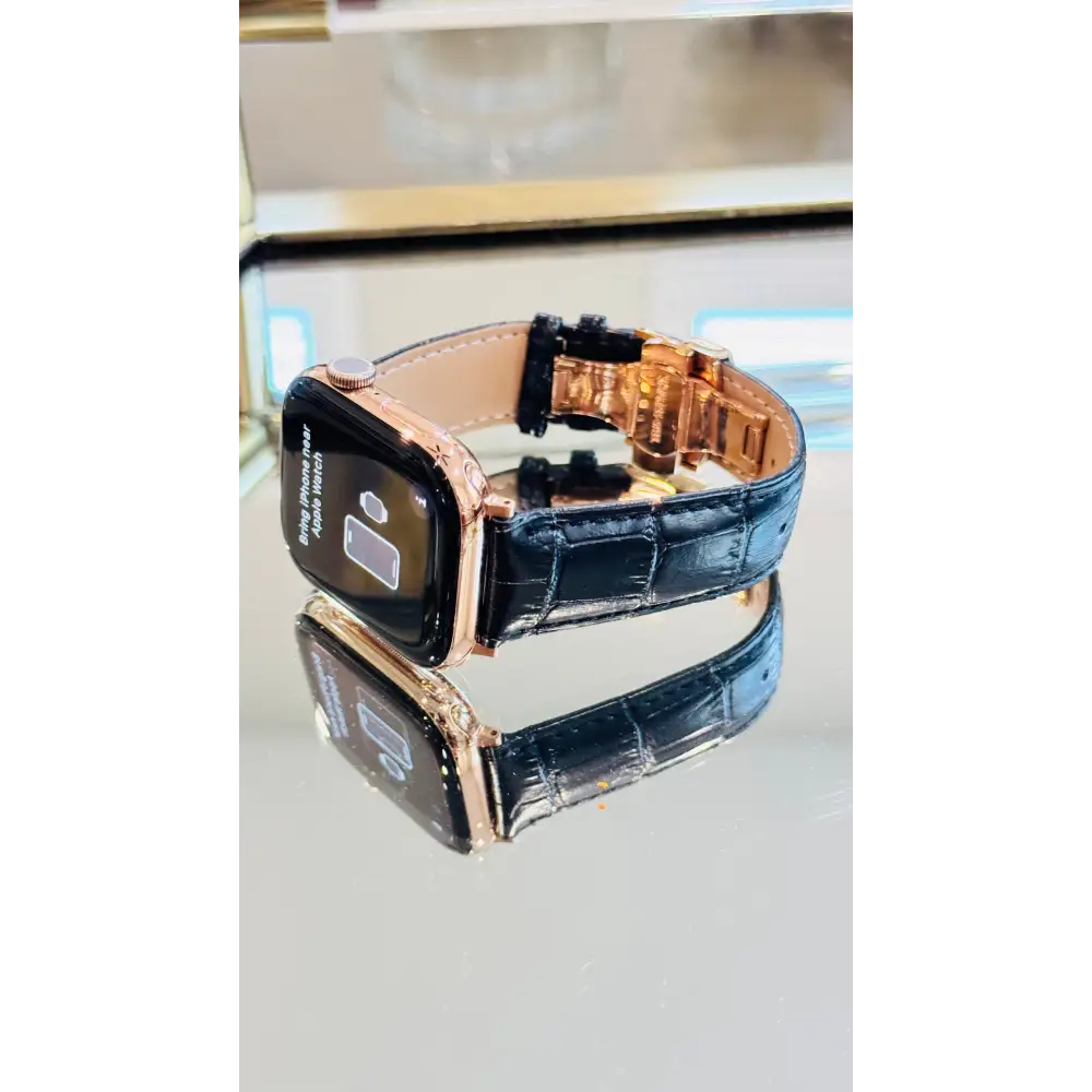 Custom 24k ROSE Gold Plated 46mm Apple Watch Series 10 with Black Leather Alligator Band