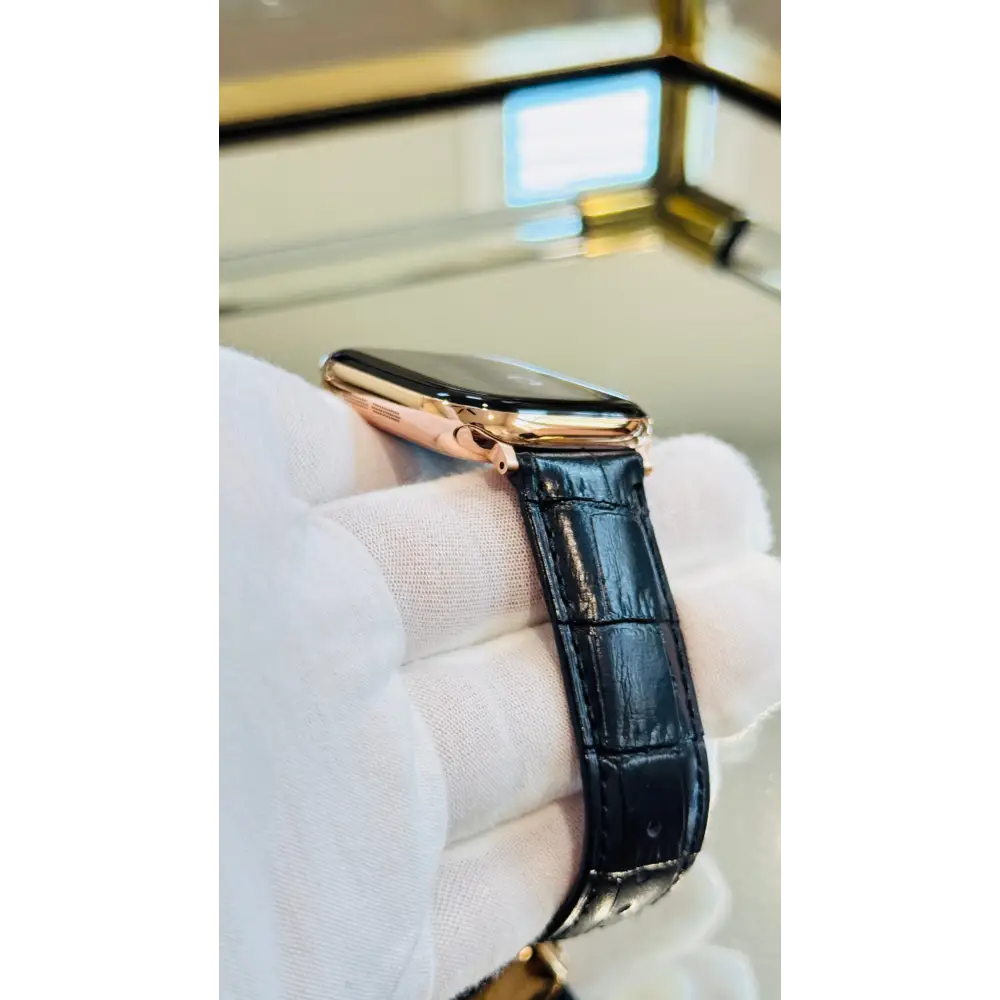 Custom 24k ROSE Gold Plated 46mm Apple Watch Series 10 with Black Leather Alligator Band