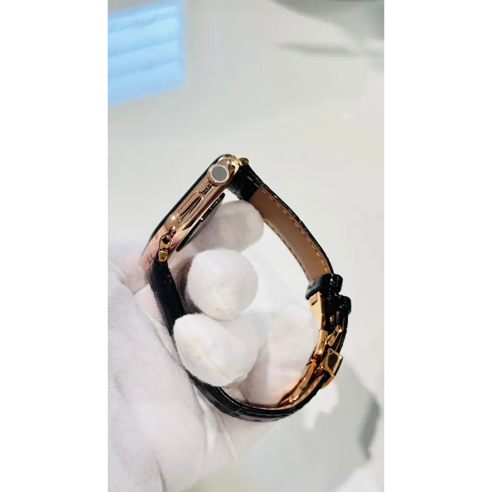 Custom 24k ROSE Gold Plated 46mm Apple Watch Series 10 with Black Leather Alligator Band