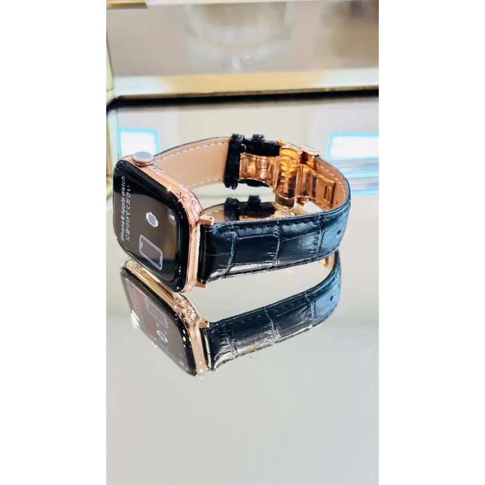 Custom 24k ROSE Gold Plated 46mm Apple Watch Series 10 with Black Leather Alligator Band