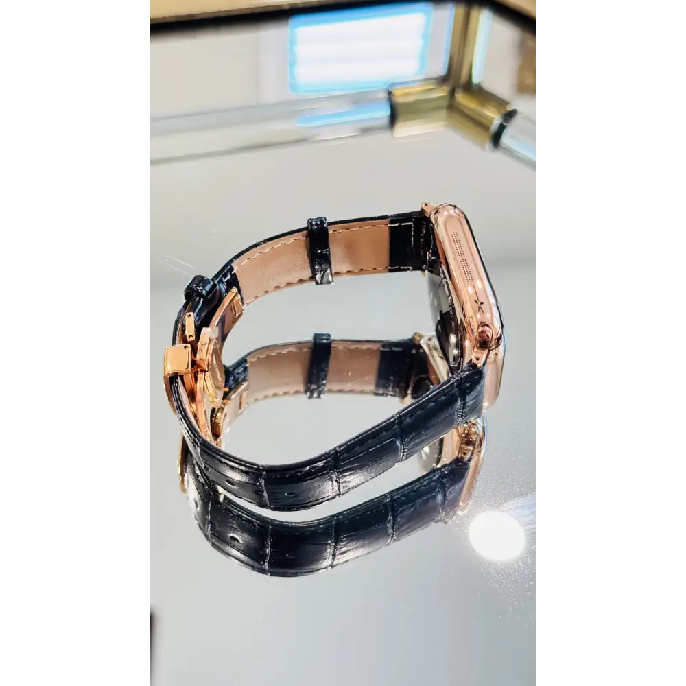 Custom 24k ROSE Gold Plated 46mm Apple Watch Series 10 with Black Leather Alligator Band