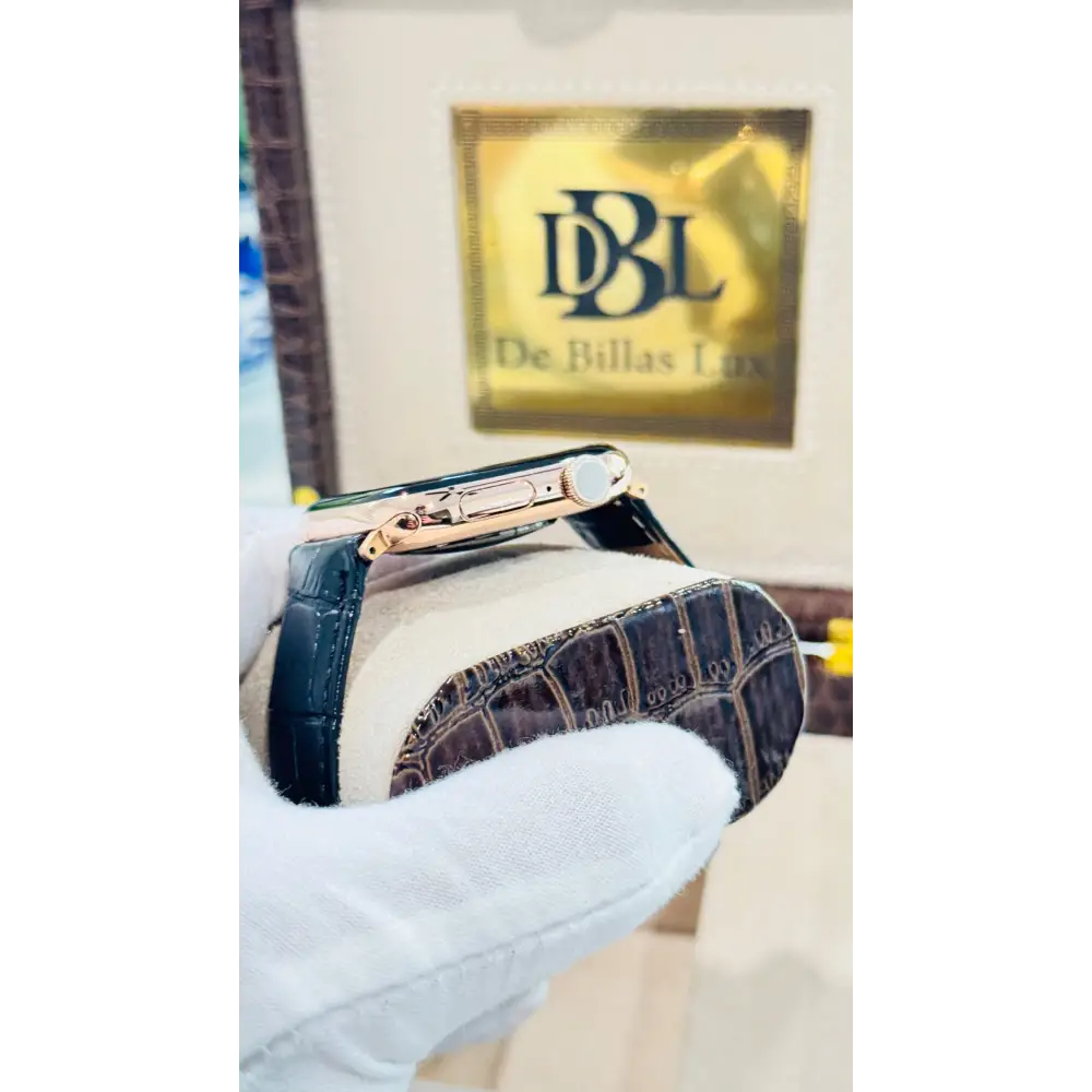 Custom 24k ROSE Gold Plated 46mm Apple Watch Series 10 with Black Leather Alligator Band