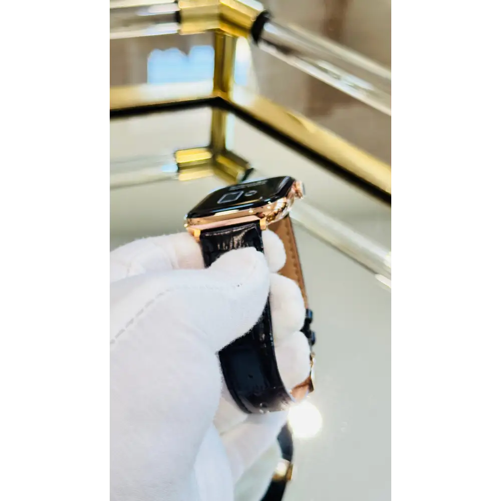 Custom 24k ROSE Gold Plated 46mm Apple Watch Series 10 with Black Leather Alligator Band