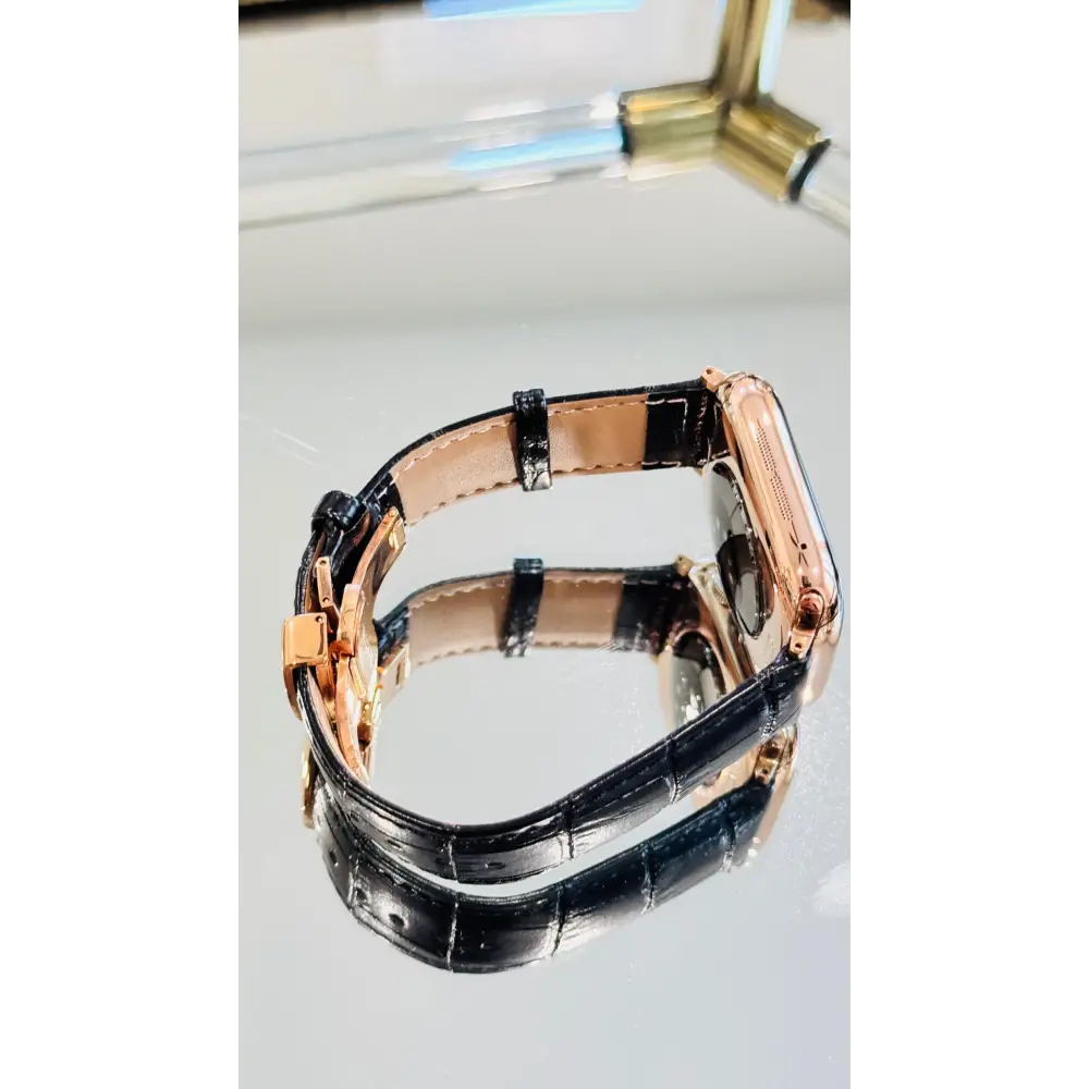 Custom 24k ROSE Gold Plated 46mm Apple Watch Series 10 with Black Leather Alligator Band