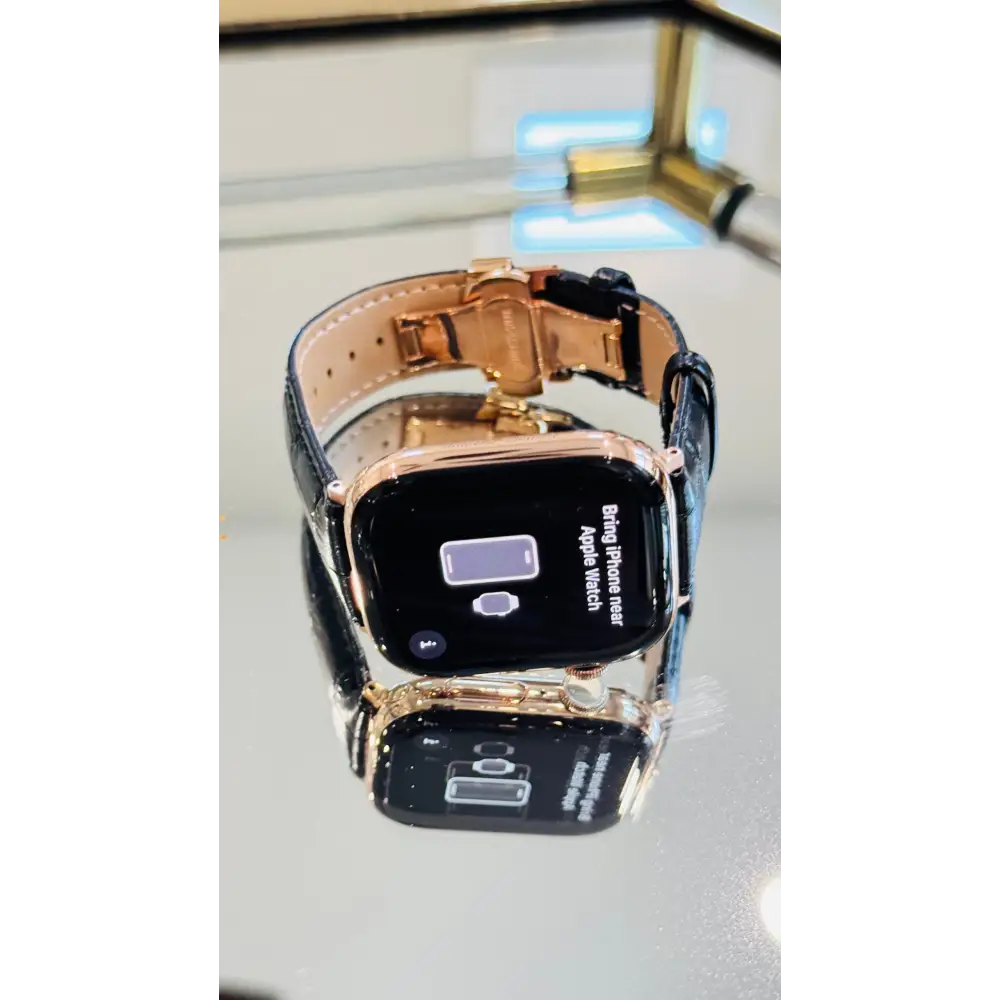 Custom 24k ROSE Gold Plated 46mm Apple Watch Series 10 with Black Leather Alligator Band