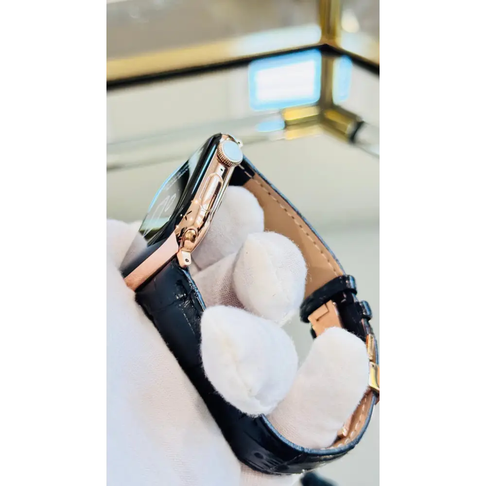 Custom 24k ROSE Gold Plated 46mm Apple Watch Series 10 with Black Leather Alligator Band