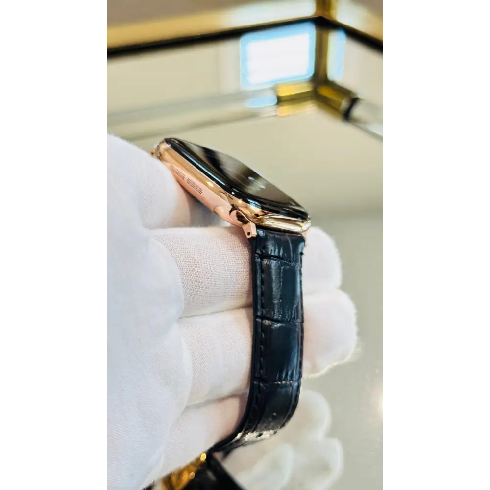 Custom 24k ROSE Gold Plated 46mm Apple Watch Series 10 with Black Leather Alligator Band