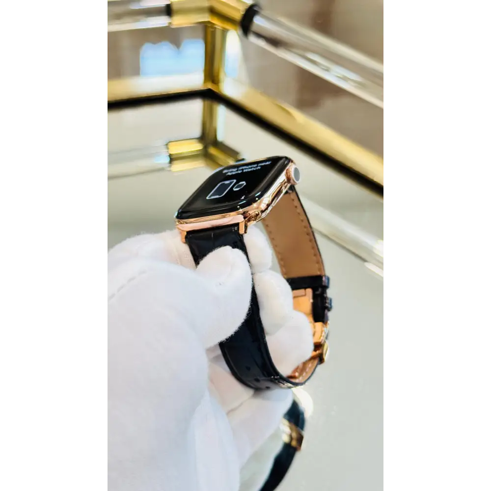 Custom 24k ROSE Gold Plated 46mm Apple Watch Series 10 with Black Leather Alligator Band