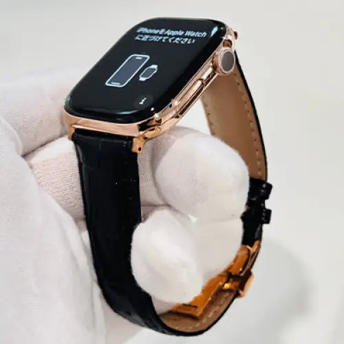 Custom 24k ROSE Gold Plated 46mm Apple Watch Series 10 with Black Leather Alligator Band