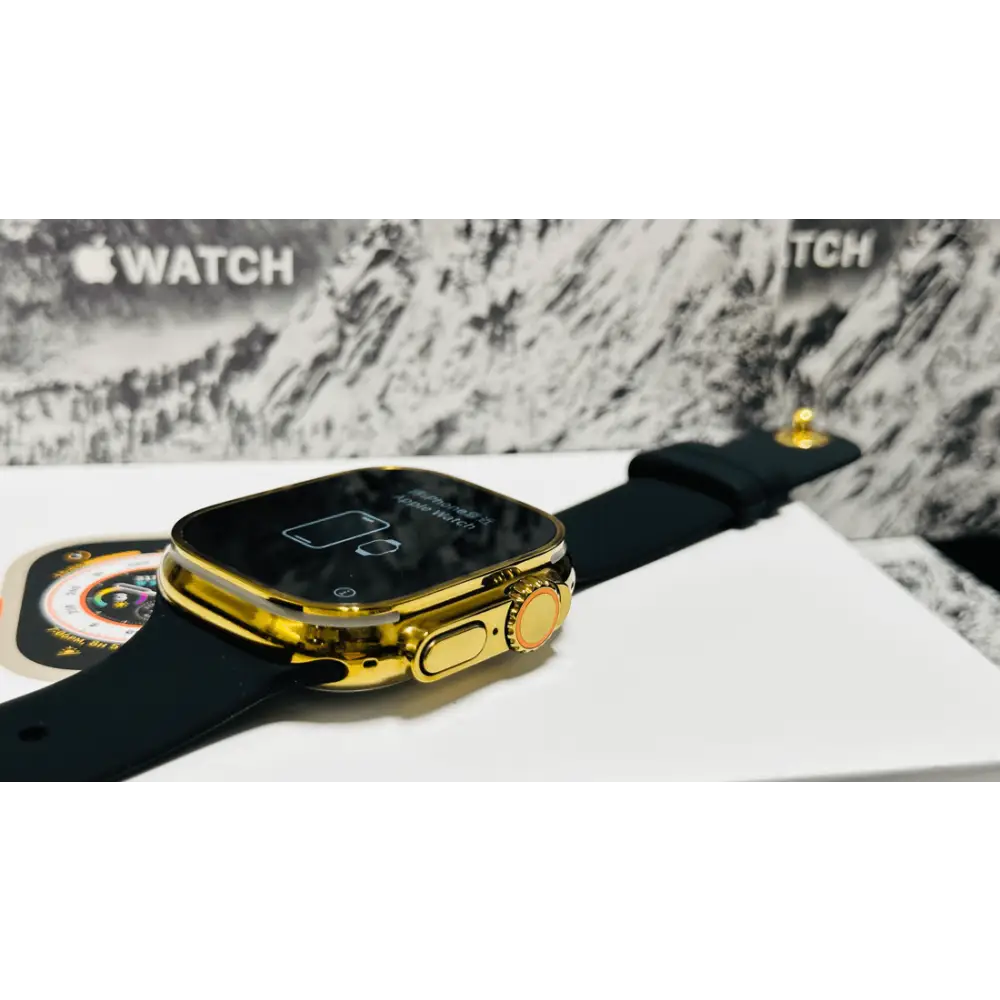 Custom diamond polished and anodized gold Apple Watch Ultra 2 49mm titanium with a Black Sport Band 24k Gold Pin