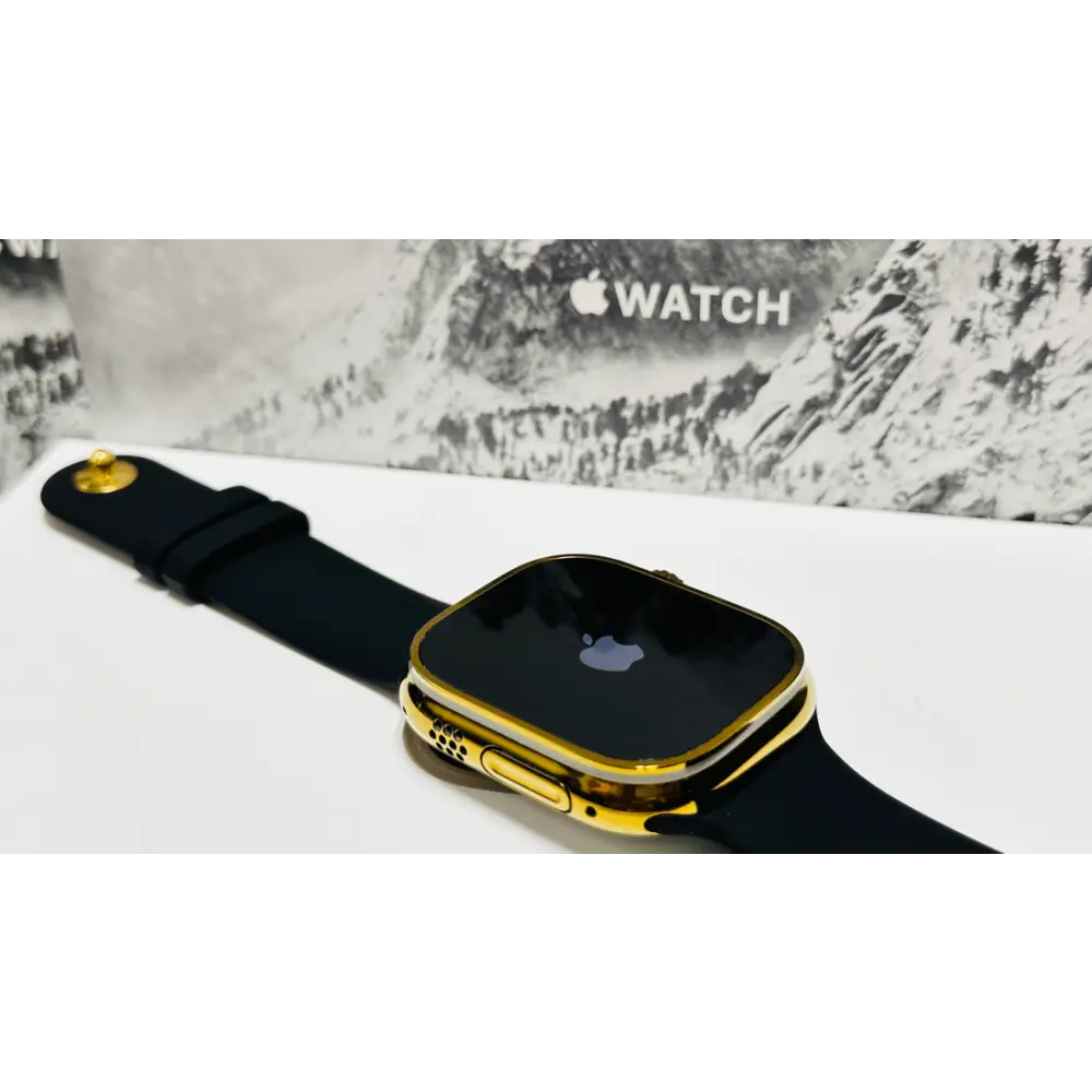 Custom diamond polished and anodized gold Apple Watch Ultra 2 49mm titanium with a Black Sport Band 24k Gold Pin