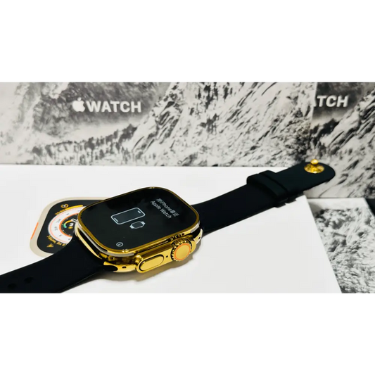 Custom diamond polished and anodized gold Apple Watch Ultra 2 49mm titanium with a Black Sport Band 24k Gold Pin