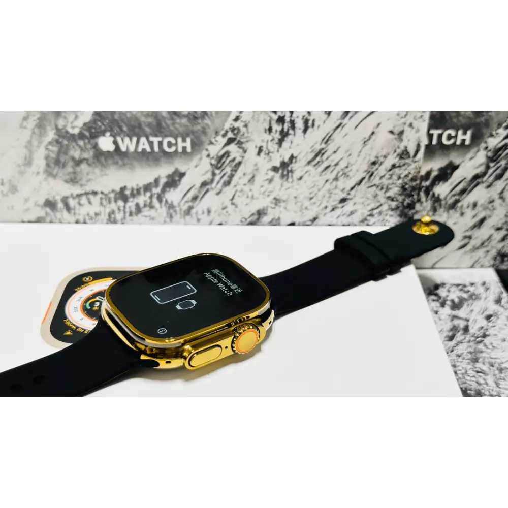 Custom diamond polished and anodized gold Apple Watch Ultra 2 49mm titanium with a Black Sport Band 24k Gold Pin