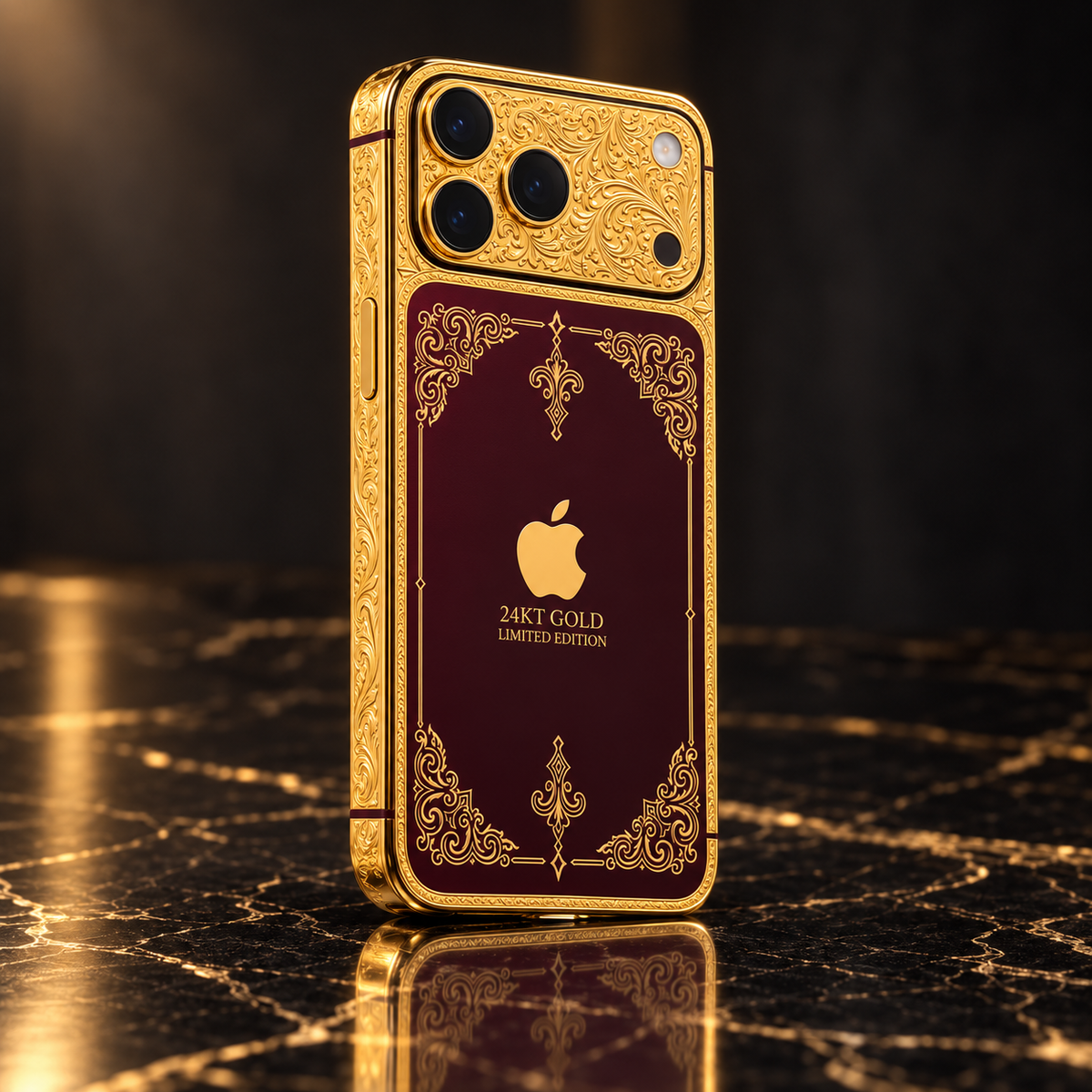 Custom iPhone 18 Pro Max in 24K gold and burgundy, full phone on black marble