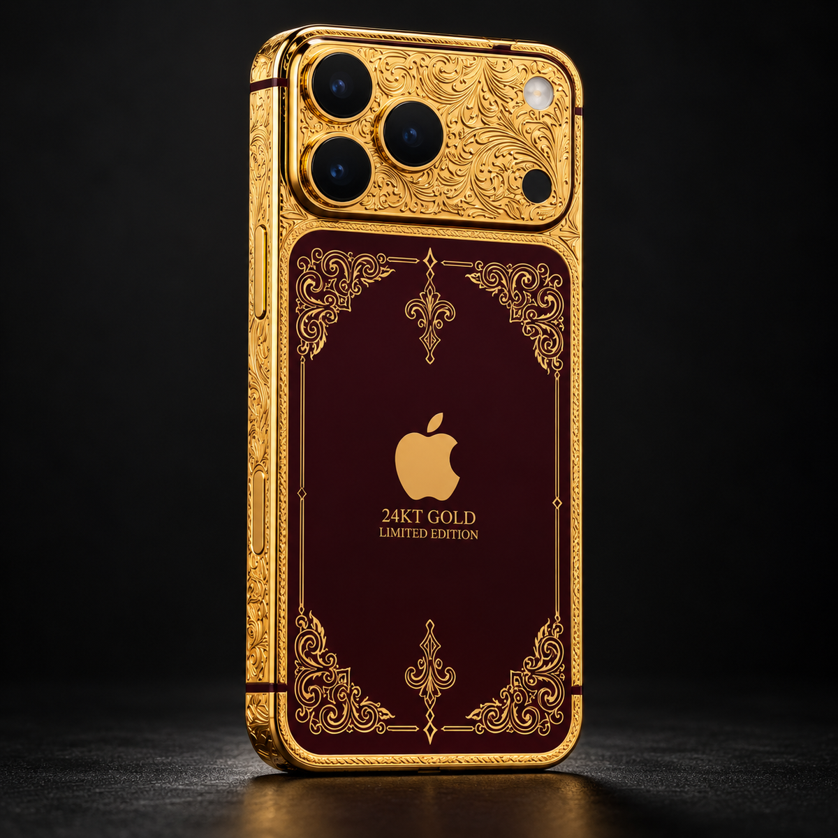 Custom iPhone 18 Pro Max in 24K gold and burgundy, full rear design on a charcoal background