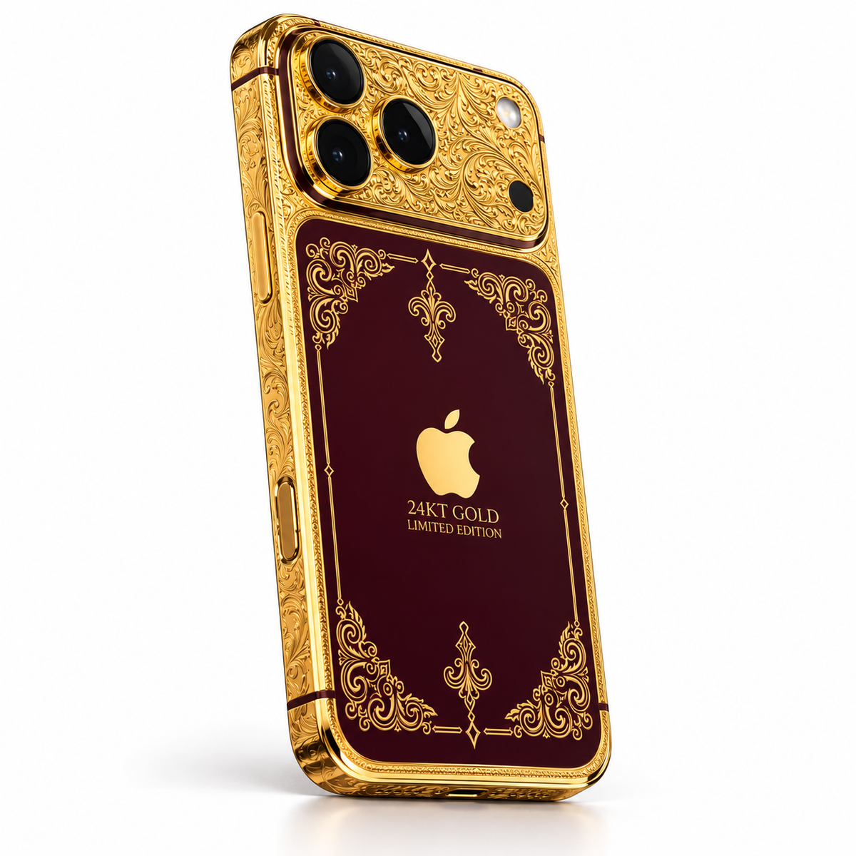 Custom iPhone 18 Pro Max in 24K gold and burgundy, rear three-quarter view showing the engraved gold side