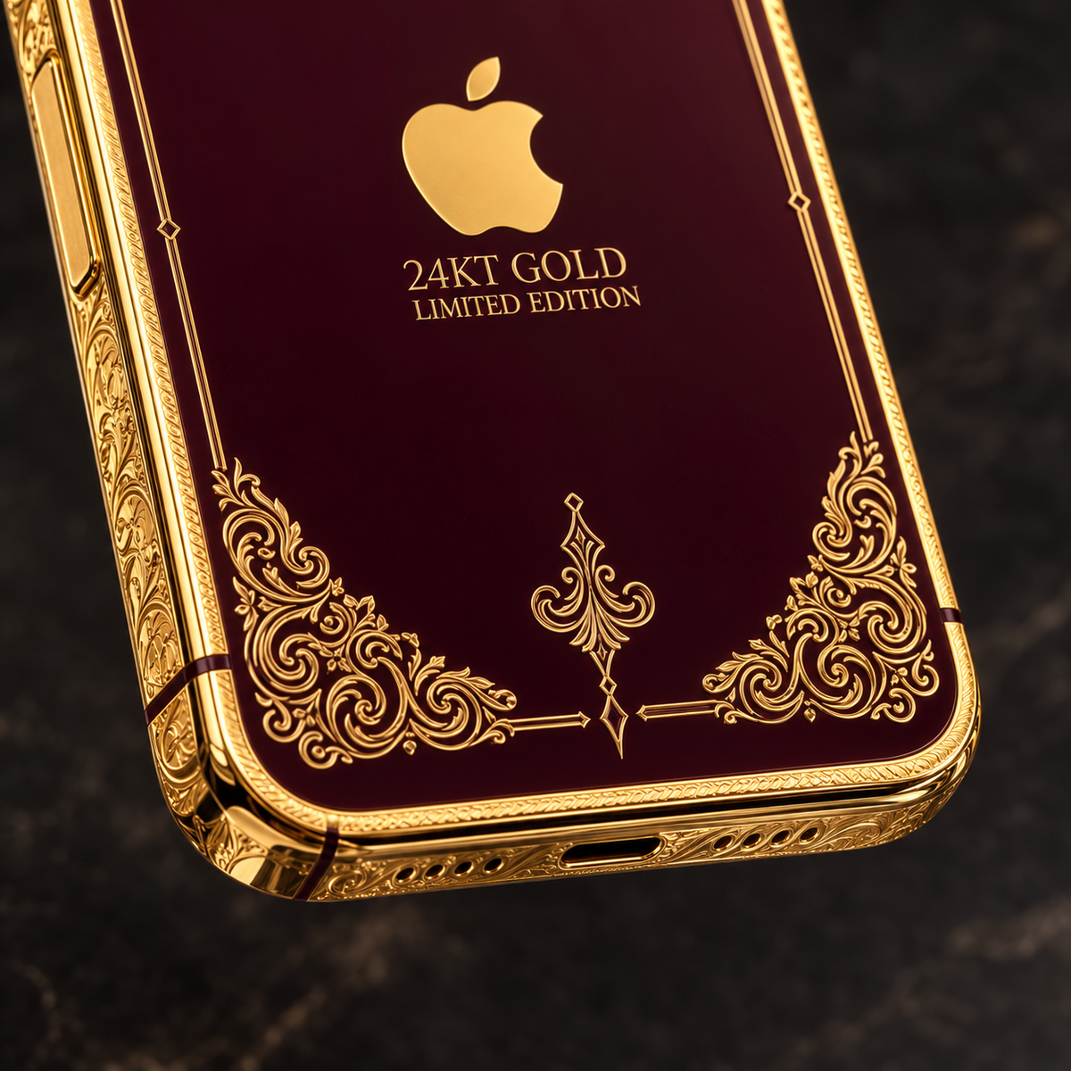 Custom iPhone 18 Pro Max in 24K gold and burgundy, close-up of burgundy panel and gold lower filigree
