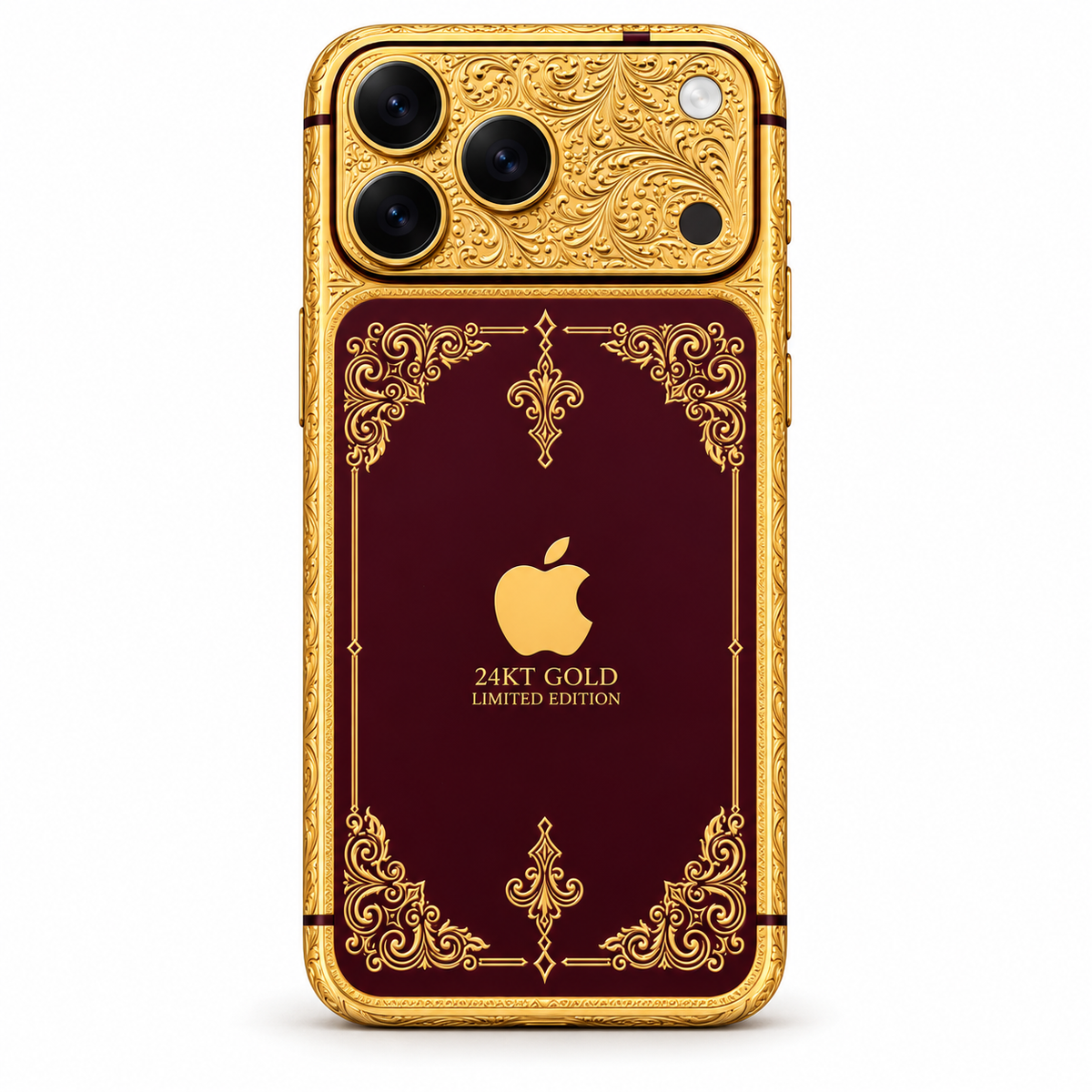 Custom iPhone 18 Pro Max in 24K gold and burgundy with ornate engraved detailing, rear view