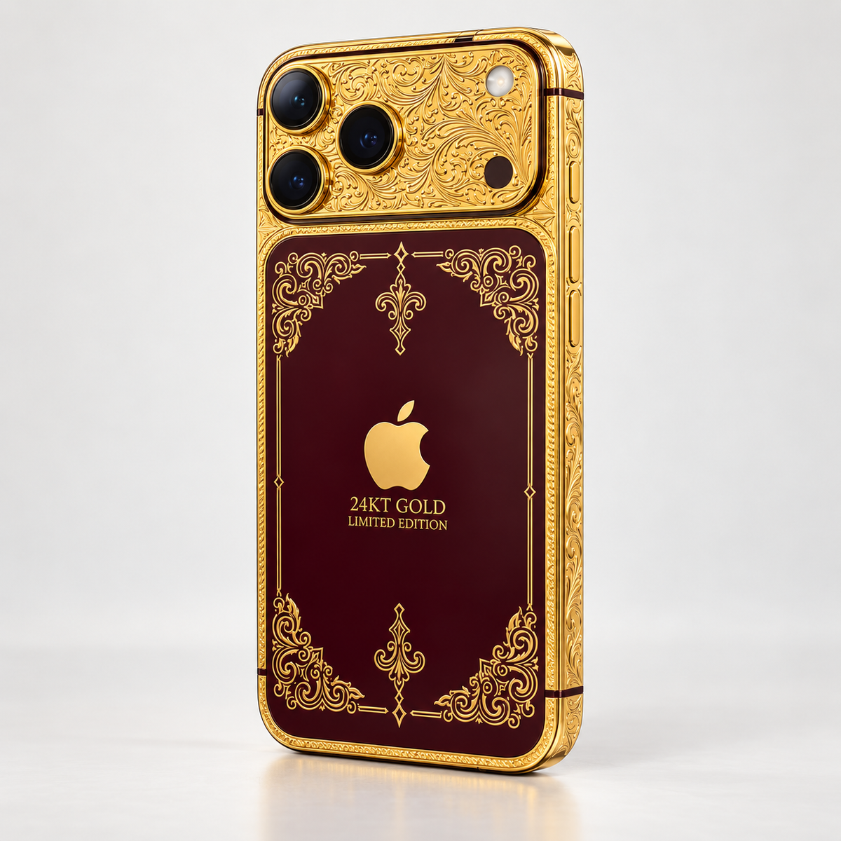 Custom iPhone 18 Pro Max in 24K gold and burgundy, opposing rear angle with gold frame and burgundy back