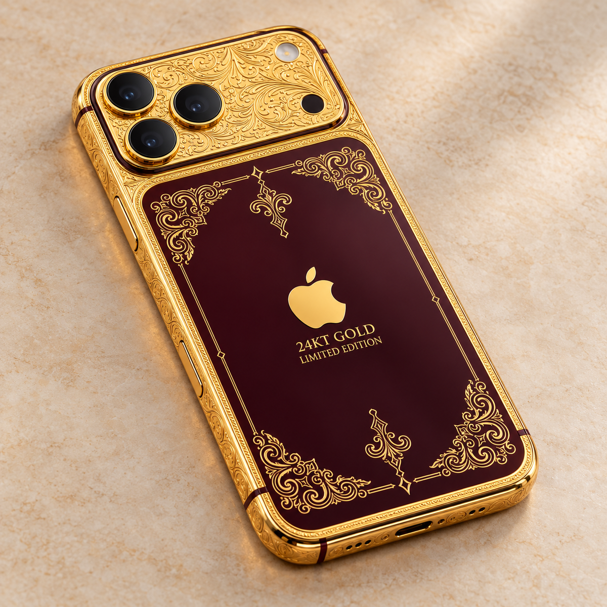 Custom iPhone 18 Pro Max in 24K gold and burgundy, full rear three-quarter view on warm stone