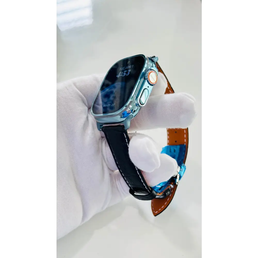 Custom Polished Anodized Sky Blue Apple Watch Ultra 3 Black Leather Band Water Resistant