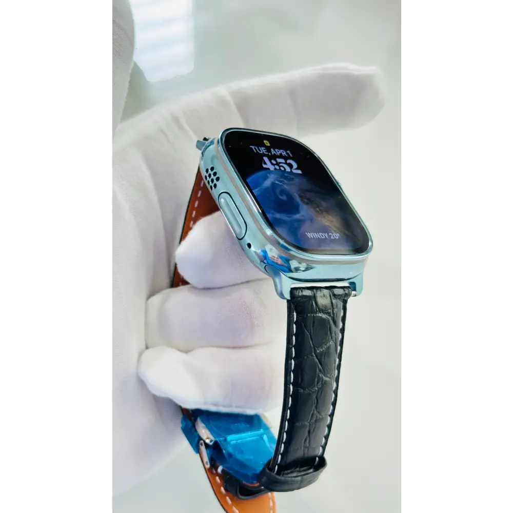 Custom Polished Anodized Sky Blue Apple Watch Ultra 3 Black Leather Band Water Resistant