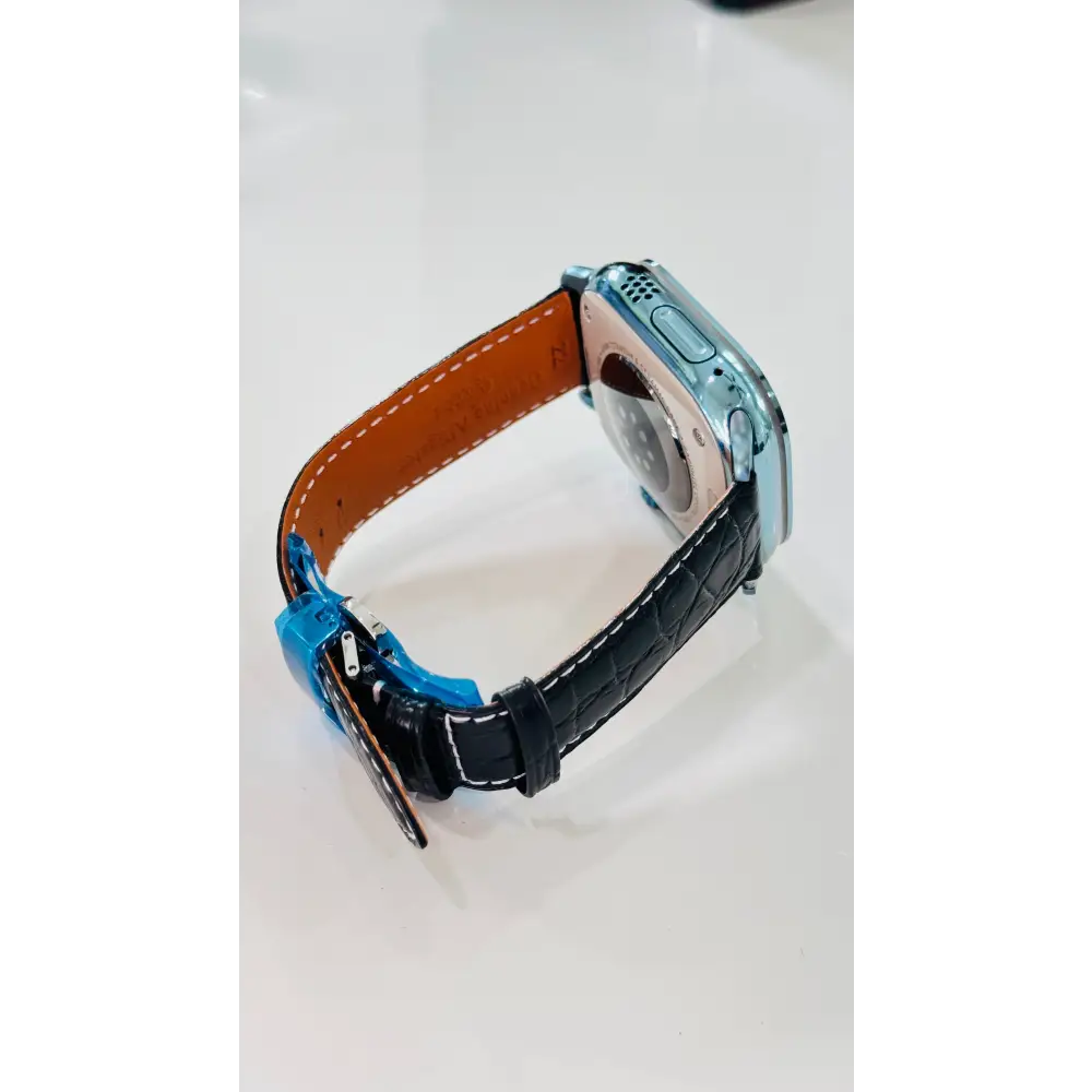 Custom Polished Anodized Sky Blue Apple Watch Ultra 3 Black Leather Band Water Resistant