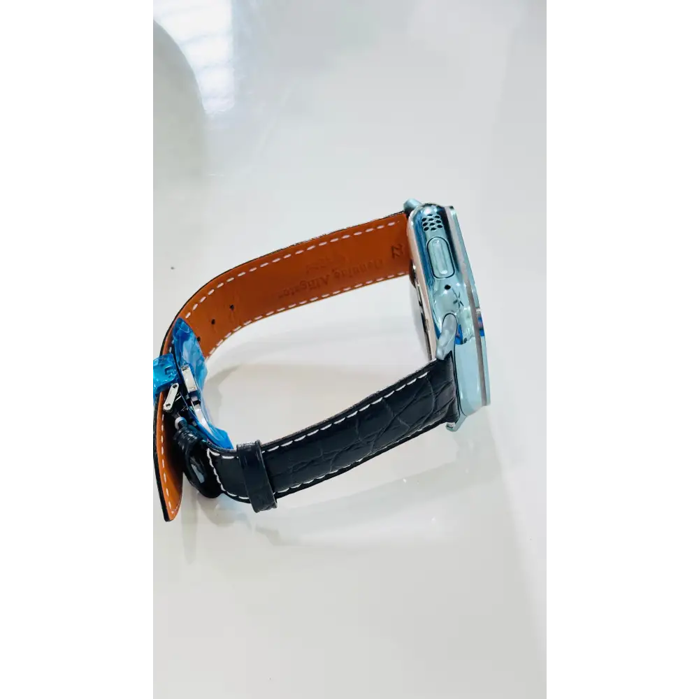 Custom Polished Anodized Sky Blue Apple Watch Ultra 3 Black Leather Band Water Resistant