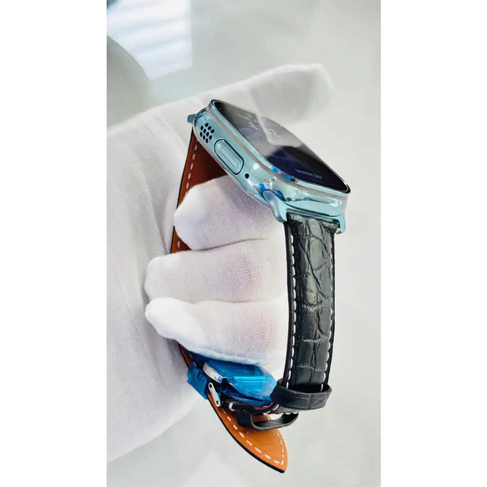 Custom Polished Anodized Sky Blue Apple Watch Ultra 3 Black Leather Band Water Resistant