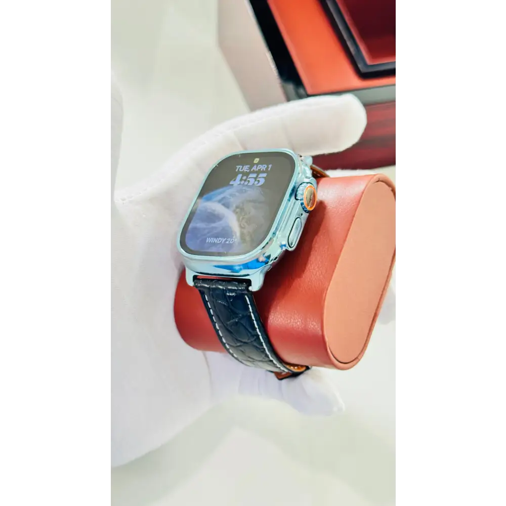 Custom Polished Anodized Sky Blue Apple Watch Ultra 3 Black Leather Band Water Resistant