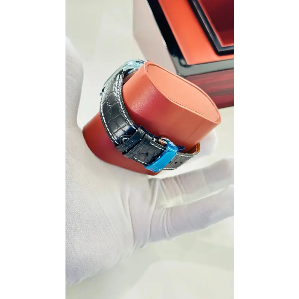 Custom Polished Anodized Sky Blue Apple Watch Ultra 3 Black Leather Band Water Resistant