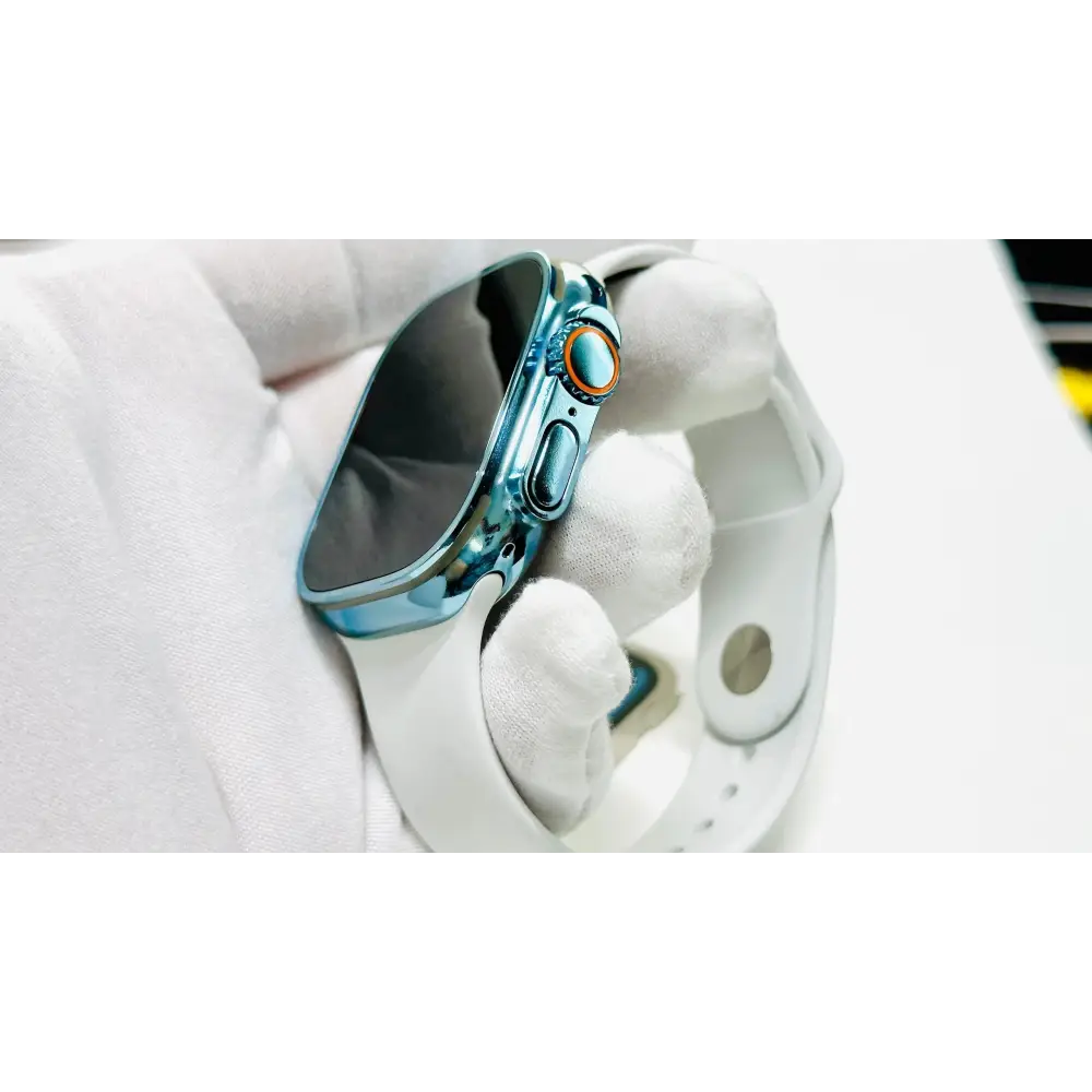 Custom Sky Blue Apple Watch ULTRA 2 49mm Polished and Anodized with White Sport Band