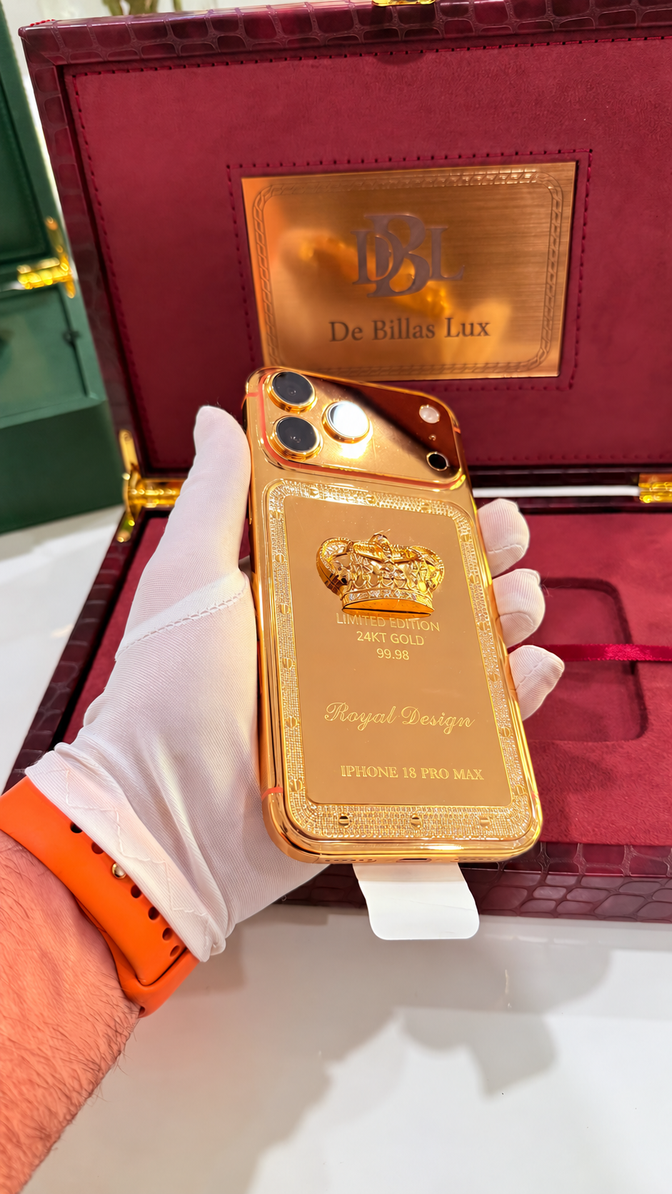 Custom 24K Gold iPhone 18 Pro Max 1TB Royal Design with Rhinestones — rear view 1, iPhone 18 Pro Max model engraving
