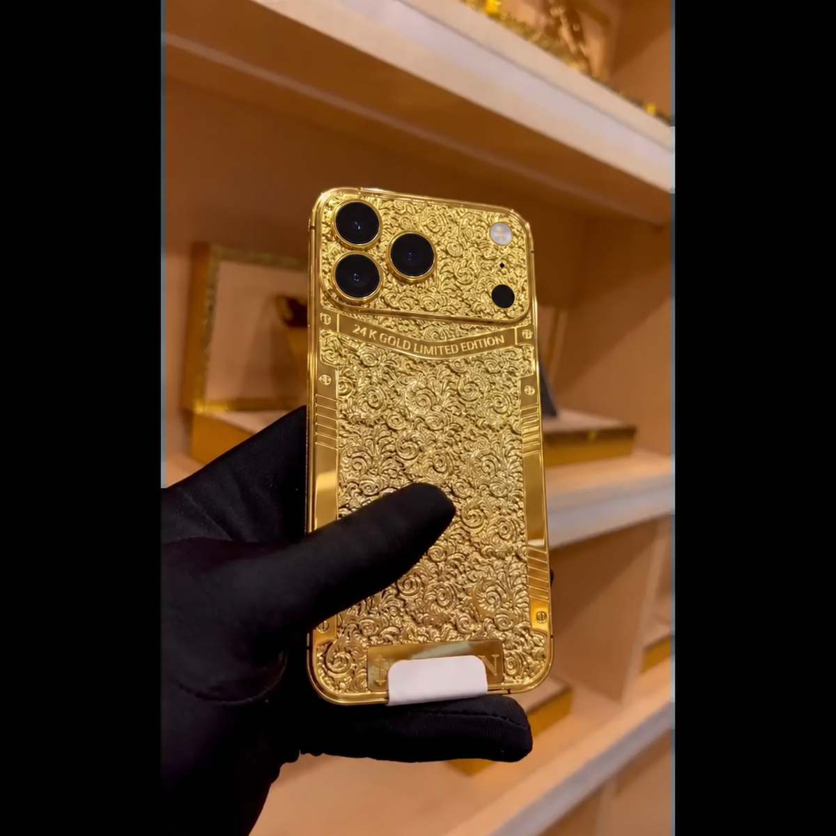 Custom 24K Gold Engraved iPhone 18 Pro Max — corrected iPhone 18 Pro camera layout, view 1