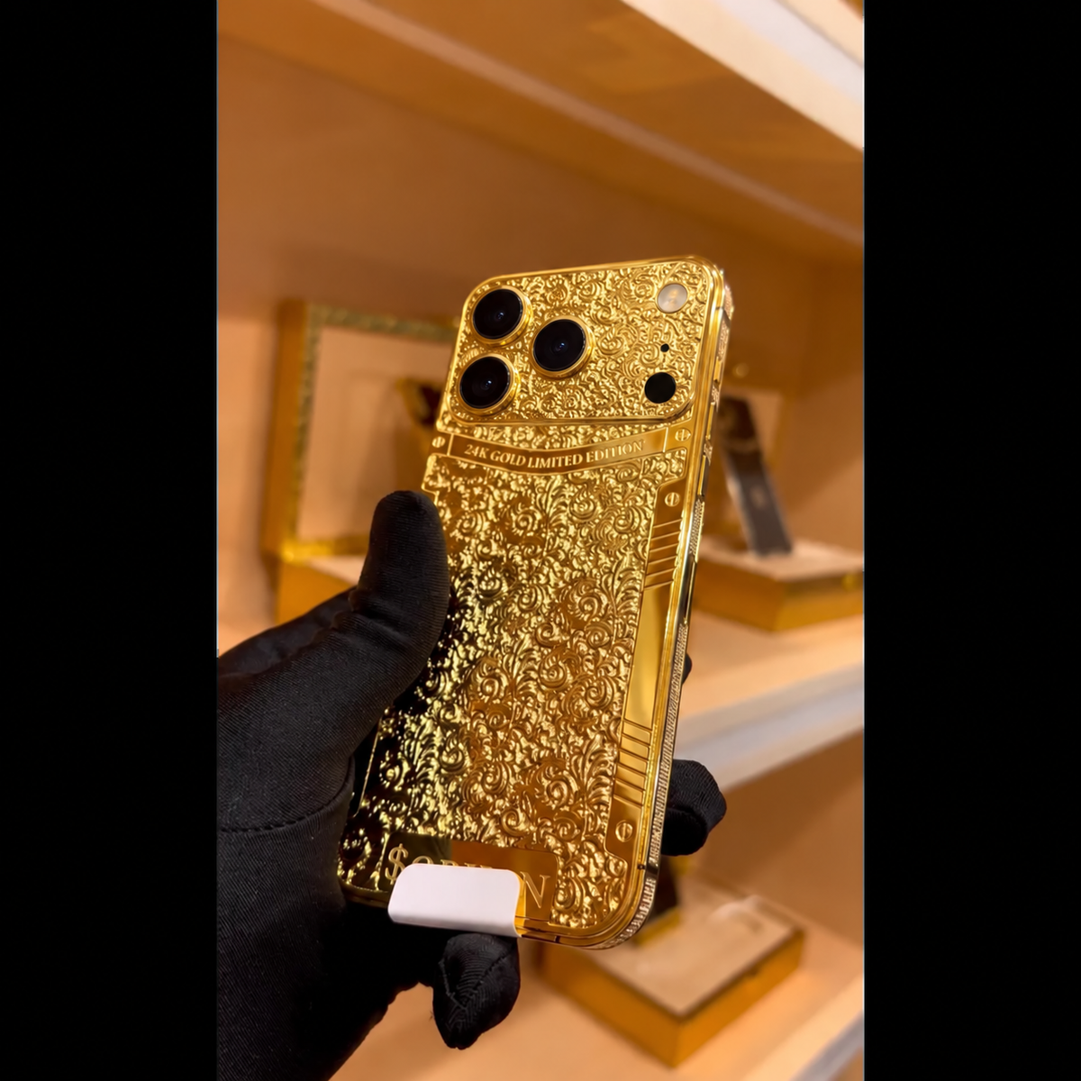 Custom 24K Gold Engraved iPhone 18 Pro Max — corrected iPhone 18 Pro camera layout, view 2