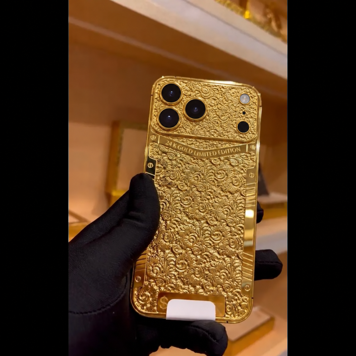 Custom 24K Gold Engraved iPhone 18 Pro Max — corrected iPhone 18 Pro camera layout, view 3