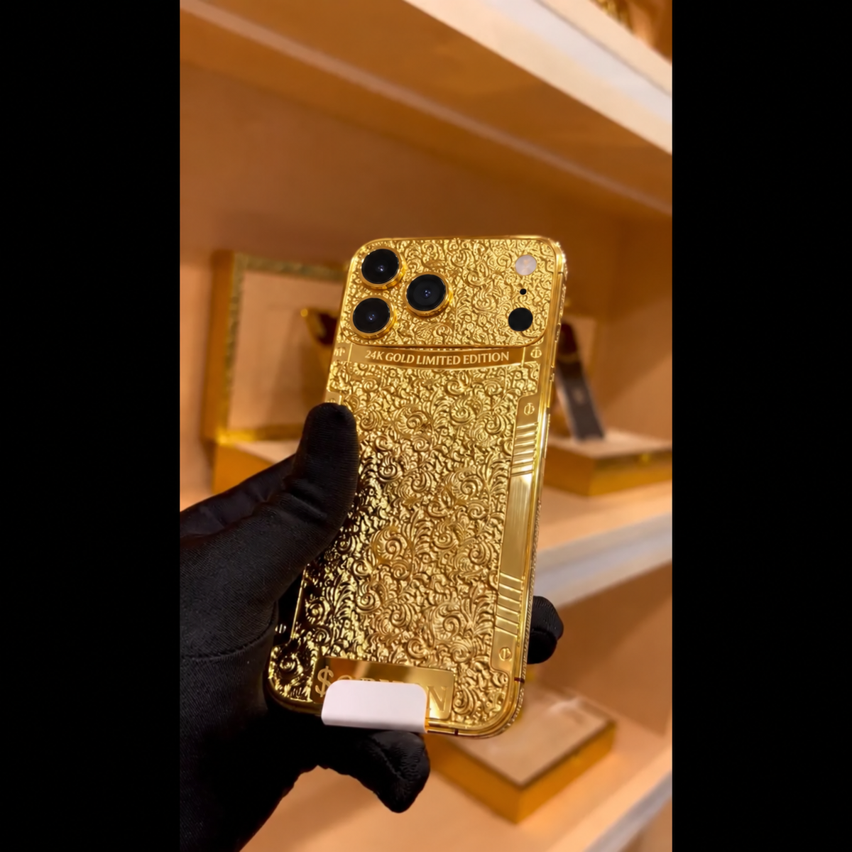 Custom 24K Gold Engraved iPhone 18 Pro Max — corrected iPhone 18 Pro camera layout, view 4
