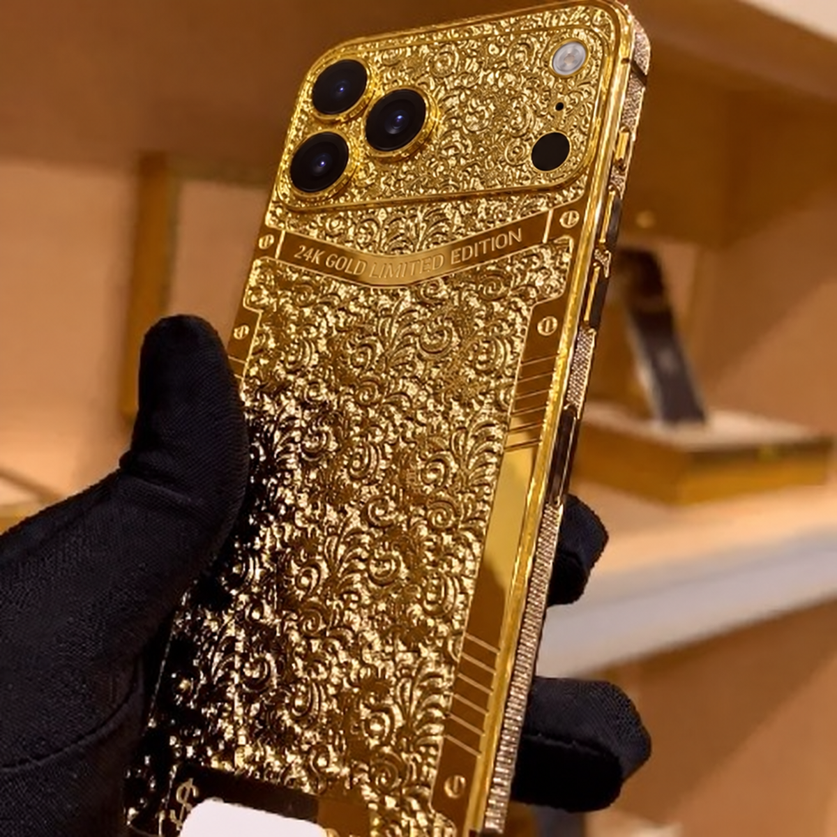 Custom 24K Gold Engraved iPhone 18 Pro Max — corrected iPhone 18 Pro camera layout, view 5