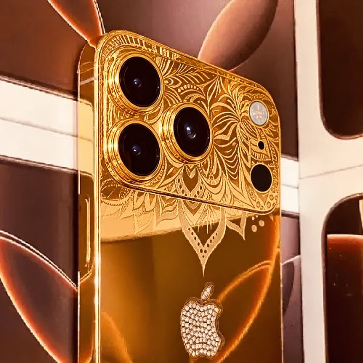 Custom 24K Gold iPhone 18 Pro Max 1TB with Rhinestones — corrected iPhone 18 Pro camera layout, view 1