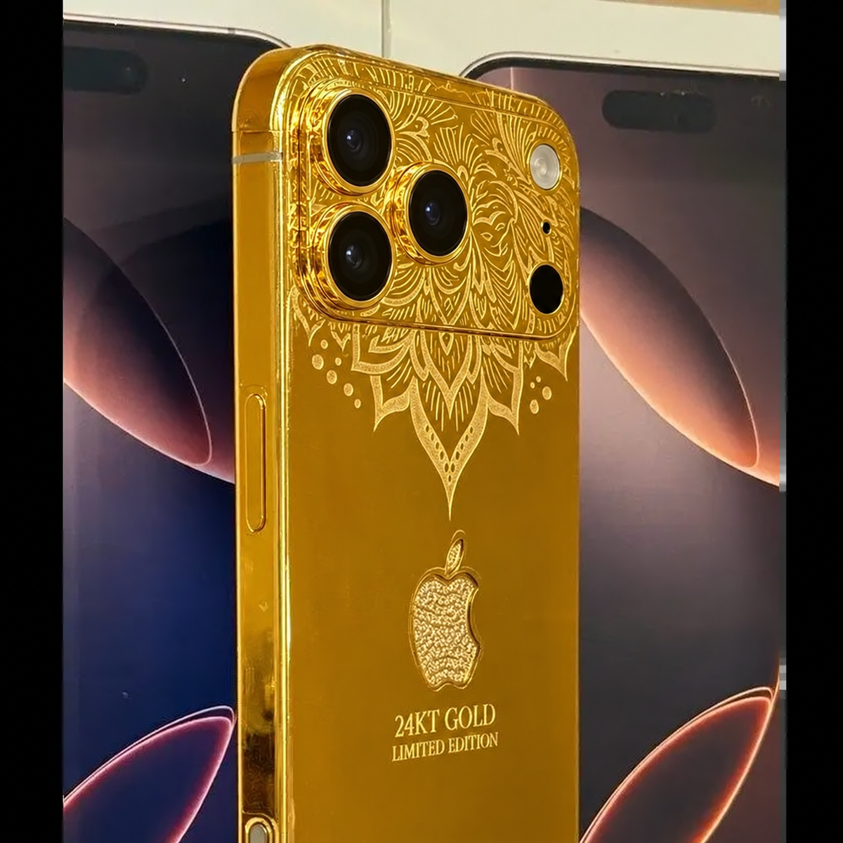 Custom 24K Gold iPhone 18 Pro Max 1TB with Rhinestones — corrected iPhone 18 Pro camera layout, view 2