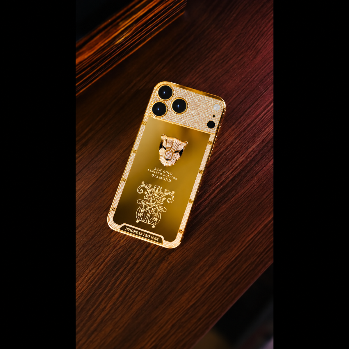Custom 24K Gold iPhone 18 Pro Max 1 TB Panther — rear camera layout, view 2
