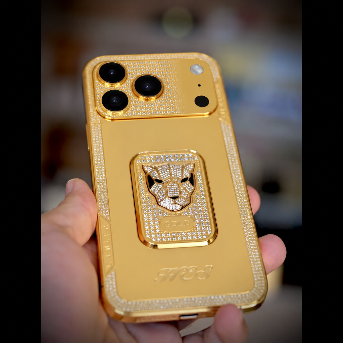 Custom 24K Gold iPhone 18 Pro Max 1TB Panther with Rhinestones — rear view 1, corrected camera, flash and LiDAR layout