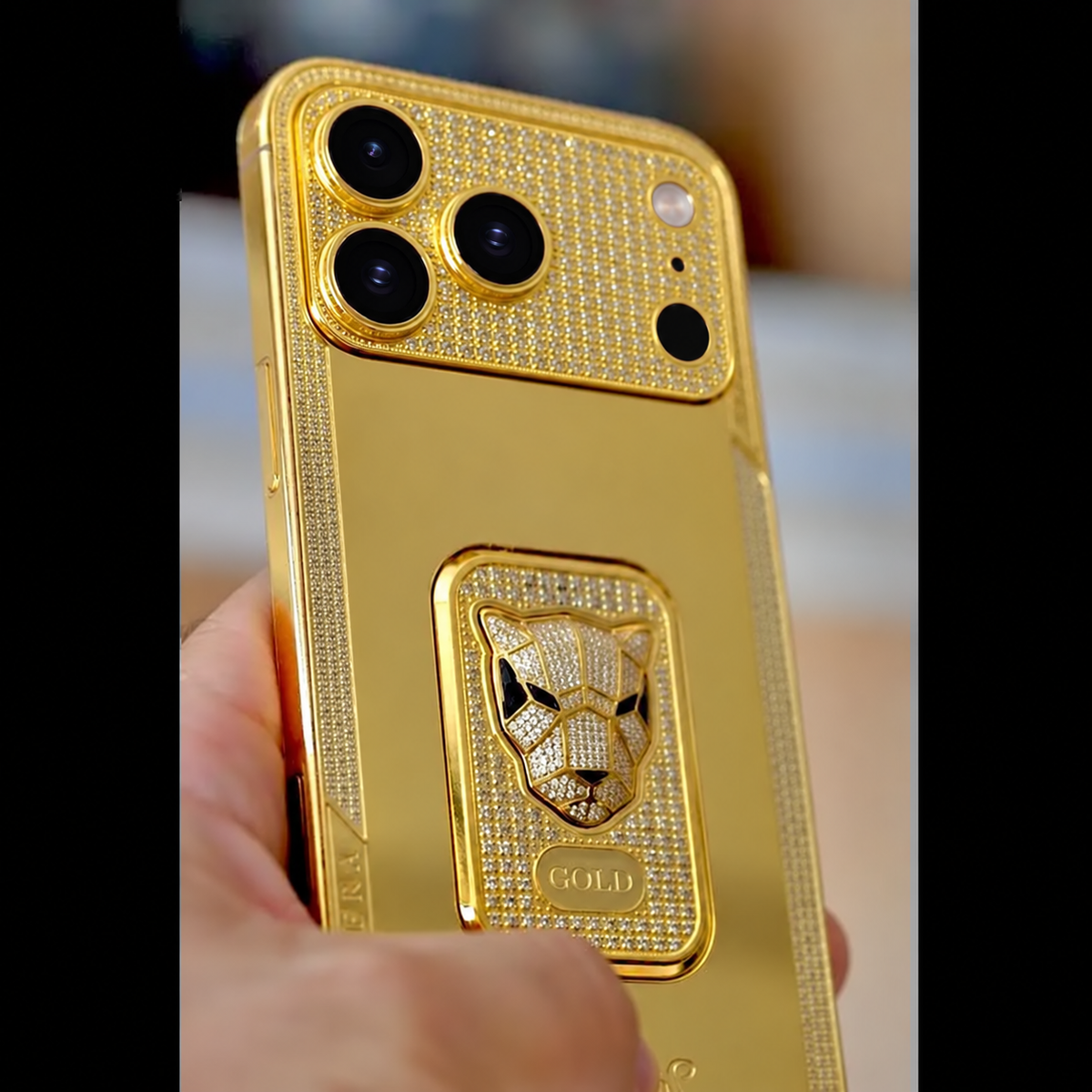 Custom 24K Gold iPhone 18 Pro Max 1TB Panther with Rhinestones — rear view 3, corrected camera, flash and LiDAR layout