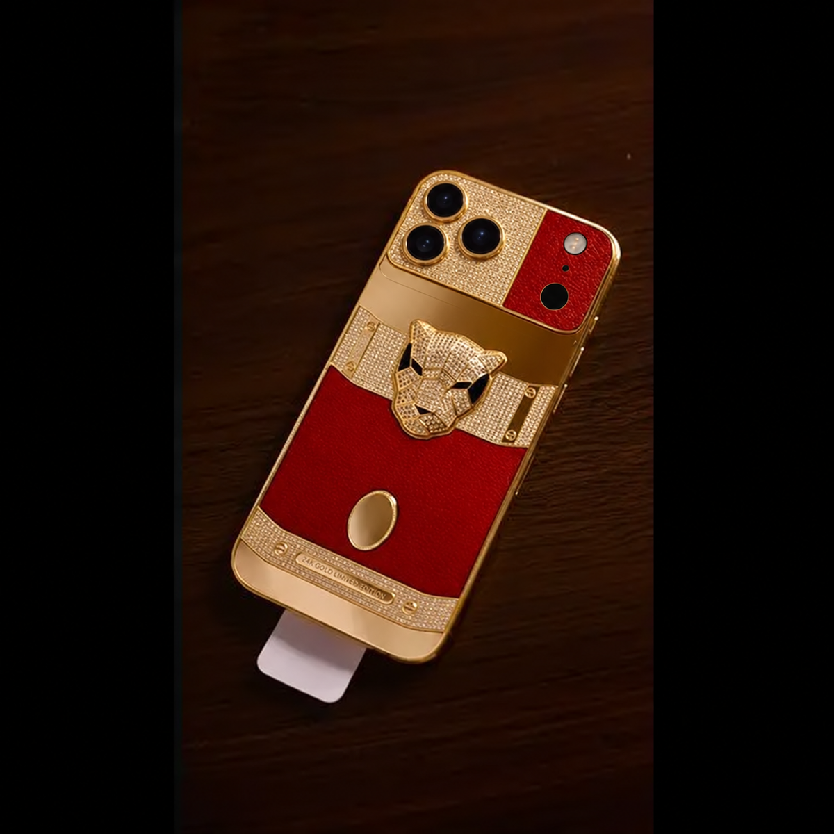Custom 24K Gold iPhone 18 Pro Max Red Panther Edition — rear view 1, corrected camera, flash and LiDAR layout