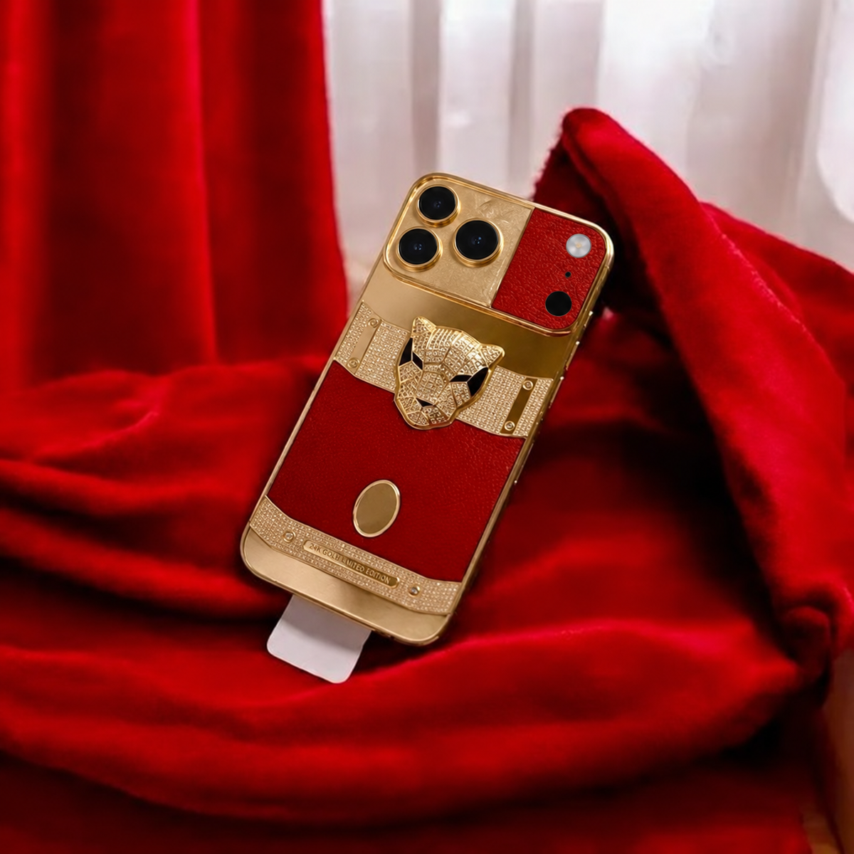 Custom 24K Gold iPhone 18 Pro Max Red Panther Edition — rear view 2, corrected camera, flash and LiDAR layout